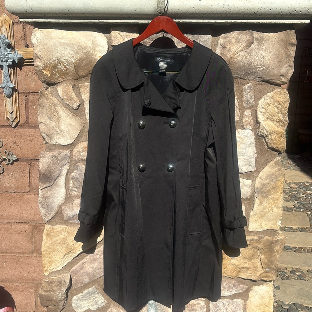 INC Black Peacoat Double Breasted Raincoat Women’s XL Silver Buttons